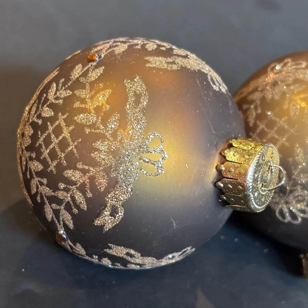 Vintage Glass Ball Ornaments Set 2 Bronze Gold Glitter Filigree